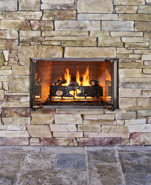 Majestic Villawood 42 inch Traditional Outdoor Wood Burning Fireplace with herringbone brick refractory interior and stainless steel mesh curtain screens