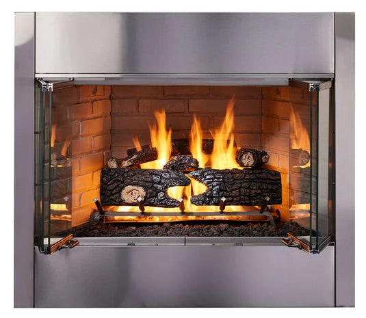 Majestic Villawood 42 inch Traditional Outdoor Wood Burning Fireplace with herringbone brick refractory interior and stainless steel mesh curtain screens