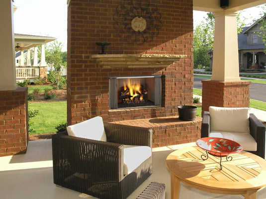Majestic Villawood 42 inch Traditional Outdoor Wood Burning Fireplace with herringbone brick refractory interior and stainless steel mesh curtain screens