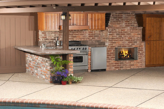 Majestic Villawood 42 inch Traditional Outdoor Wood Burning Fireplace with herringbone brick refractory interior and stainless steel mesh curtain screens