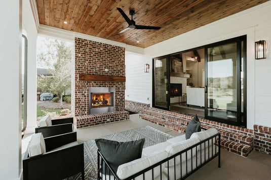 Majestic Villawood 42 inch Traditional Outdoor Wood Burning Fireplace with herringbone brick refractory interior and stainless steel mesh curtain screens