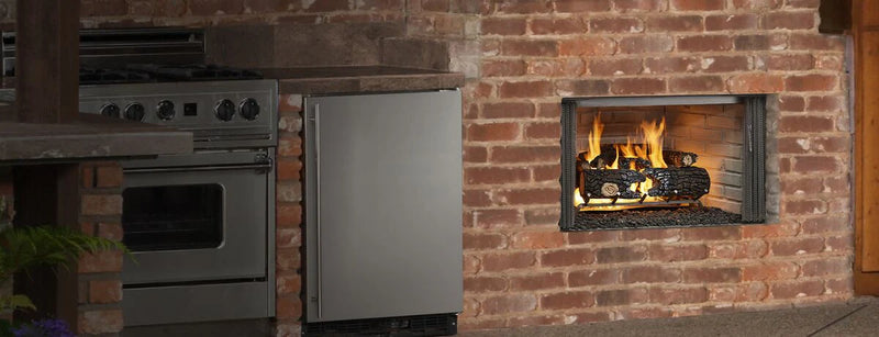 Load image into Gallery viewer, Majestic Villawood 42 inch Traditional Outdoor Wood Burning Fireplace with herringbone brick refractory interior and stainless steel mesh curtain screens
