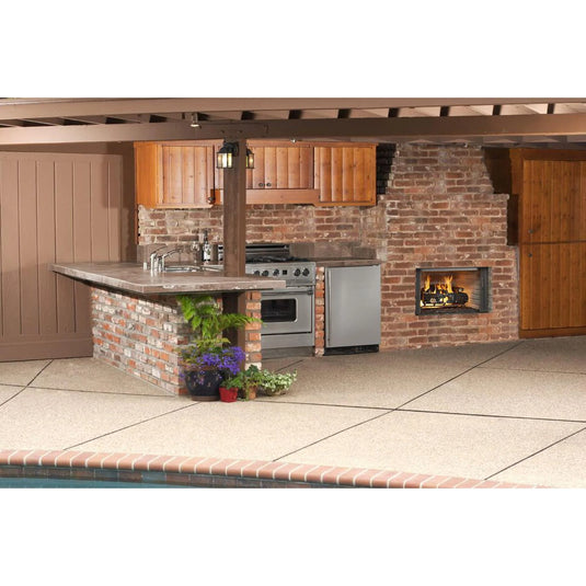 Majestic Villawood 42 inch Traditional Outdoor Wood Burning Fireplace with traditional brick refractory interior and stainless steel mesh curtain screens