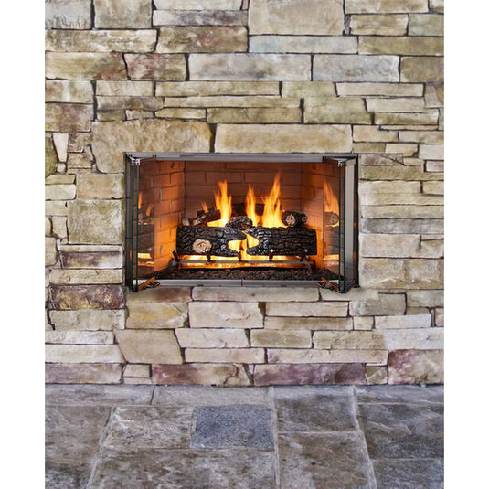 Majestic Villawood 42 inch Traditional Outdoor Wood Burning Fireplace with traditional brick refractory interior and stainless steel mesh curtain screens