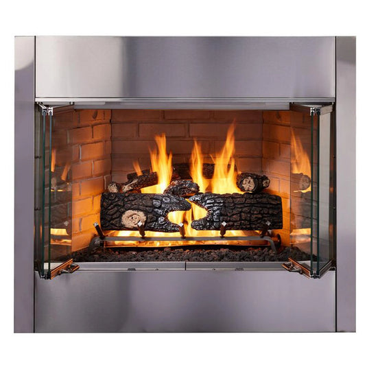 Majestic Villawood 42 inch Traditional Outdoor Wood Burning Fireplace with traditional brick refractory interior and stainless steel mesh curtain screens