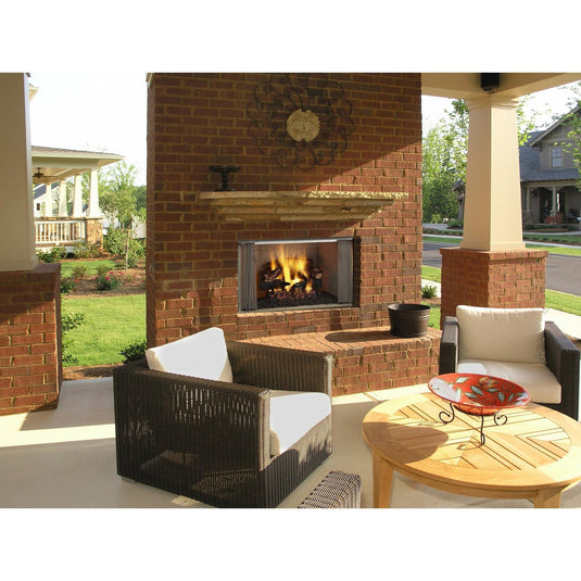Majestic Villawood 42 inch Traditional Outdoor Wood Burning Fireplace with traditional brick refractory interior and stainless steel mesh curtain screens