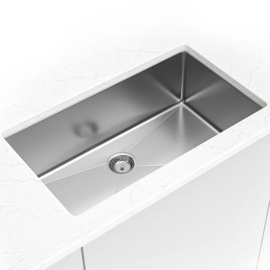MSI 3219 single bowl stainless steel undermount sink installed in a white countertop