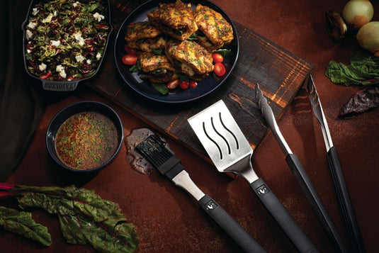Napoleon 3 Piece BBQ Toolset with Stainless Steel Spatula, Easy-Lock Tongs, and Silicone Basting Brush