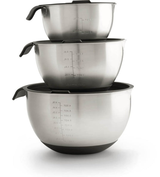 Napoleon 3 Piece Stainless Steel Marinating Bowl Set with Airtight Lids, Rubber Bases, and Measurement Markings