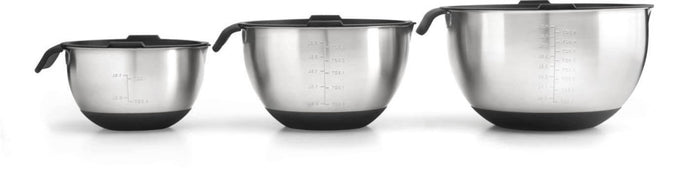 Napoleon 3 Piece Stainless Steel Marinating Bowl Set with Airtight Lids, Rubber Bases, and Measurement Markings