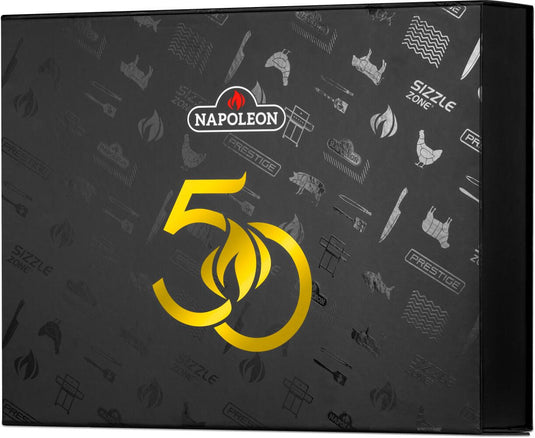 Closed black Napoleon gift box with gold 50th anniversary emblem
