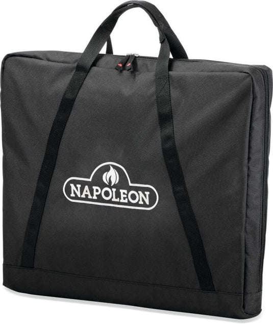 Angled view of Napoleon 61093 black griddle insert storage bag with carrying handles and zipper closure