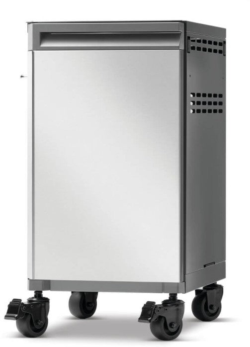 Angled view of Napoleon 68003 Prestige left stainless steel storage cabinet with locking caster wheels