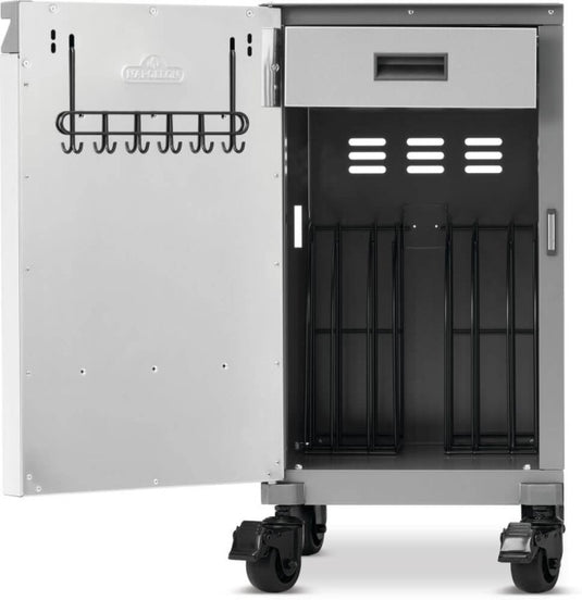 Interior view of Napoleon 68003 left storage cabinet with concealed drawer, storage dividers and integrated tool hooks
