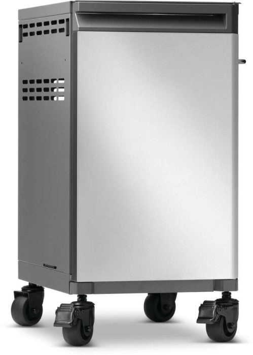 Angled view of Napoleon 68003 Prestige right stainless steel storage cabinet with side ventilation and locking casters