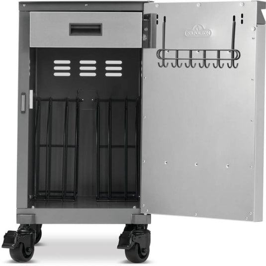 Interior view of Napoleon 68003 right storage cabinet showing upper drawer, storage dividers and door-mounted tool hooks
