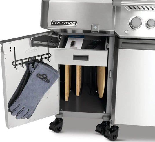 Napoleon 68003 Prestige storage cabinet interior showing pull-out drawer, vertical storage dividers and tool hooks