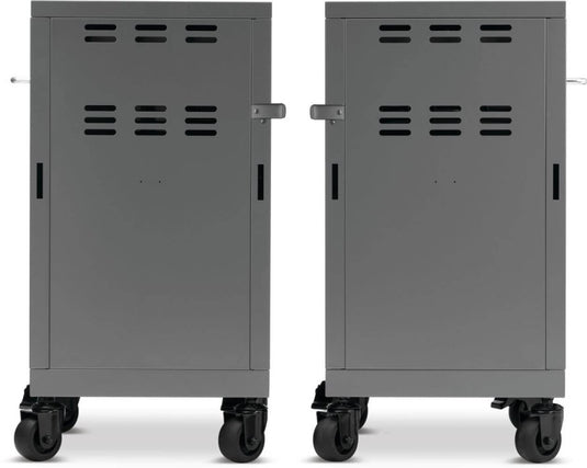 Rear view of both Napoleon 68003 Prestige storage cabinets showing ventilation openings and caster wheels