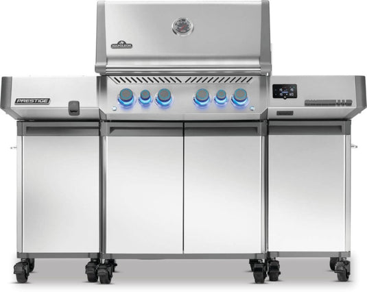Napoleon 68003 two-piece stainless steel storage cabinets installed on both sides of a Prestige gas grill