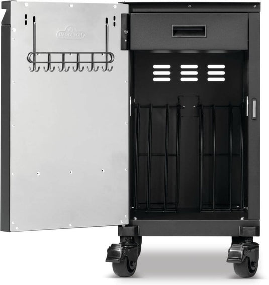 Interior view of Napoleon 68004 Phantom Prestige left storage cabinet with upper drawer, storage dividers and door-mounted tool hooks