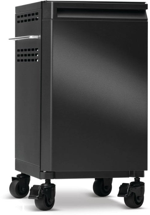 Angled view of Napoleon 68004 Phantom Prestige matte black left storage cabinet with side ventilation and locking caster wheels