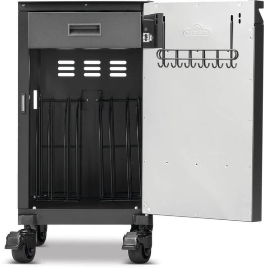 Interior view of Napoleon 68004 Phantom Prestige right storage cabinet showing concealed drawer, storage dividers and integrated tool hooks
