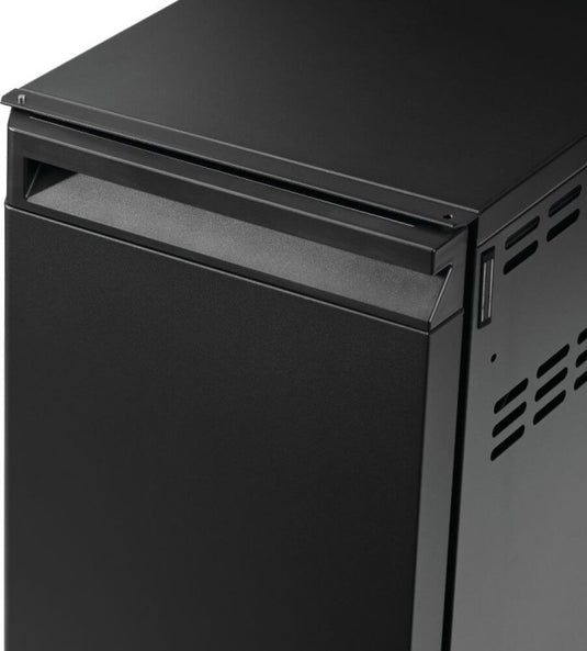 Close-up of Napoleon 68004 Phantom Prestige matte black storage cabinet showing concealed upper drawer and side ventilation
