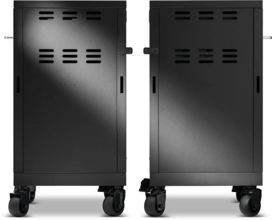 Rear view of both Napoleon 68004 Phantom Prestige matte black storage cabinets with ventilation openings and caster wheels