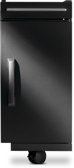 Front view of Napoleon 68006 Rogue PRO-S matte black storage cabinet with top drawer, vertical door handle and caster wheels