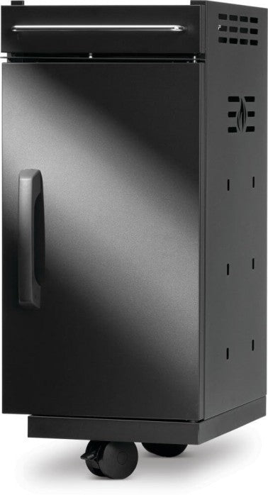 Angled view of Napoleon 68006 matte black storage cabinet showing side ventilation, drawer and cabinet door