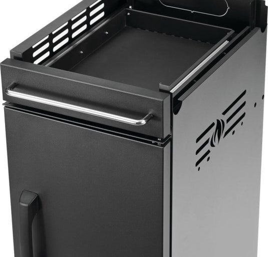 Close-up of Napoleon 68006 Rogue PRO-S storage cart showing open upper drawer, metal handle and side ventilation