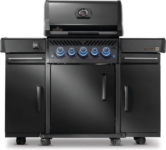 Two Napoleon 68006 matte black storage cabinets installed on both sides of a Phantom Rogue PRO-S gas grill