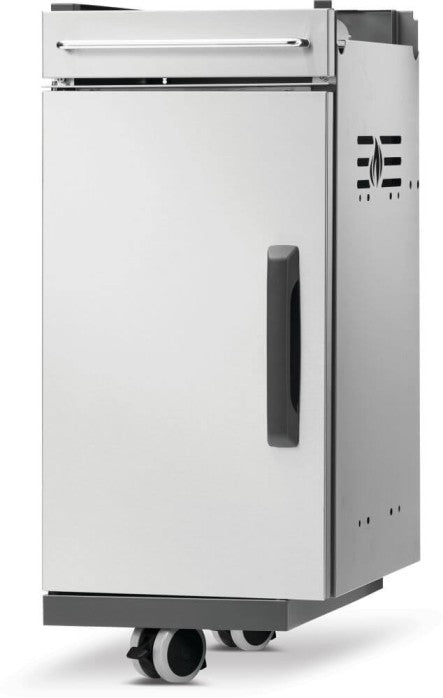 Angled view of Napoleon 68008 Rogue PRO stainless steel storage cabinet with right-side ventilation and caster wheels
