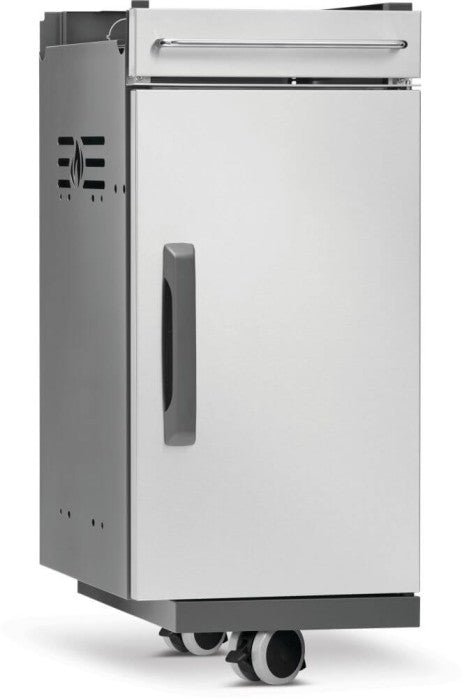 Angled view of Napoleon 68008 Rogue PRO stainless steel storage cabinet in right-hand configuration with side ventilation