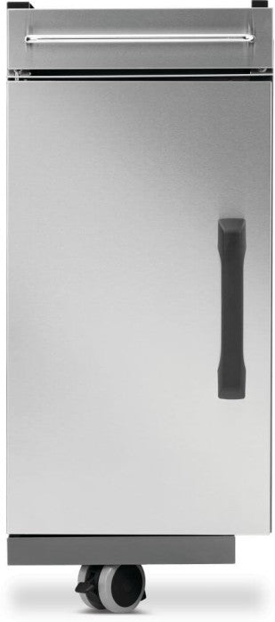 Front view of Napoleon 68008 Rogue PRO stainless steel storage cabinet with upper drawer, cabinet door and caster wheels
