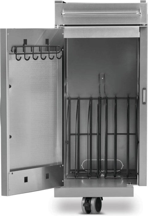 Napoleon 68008 Rogue PRO stainless steel storage cabinet with open door, interior dividers and door-mounted tool hooks
