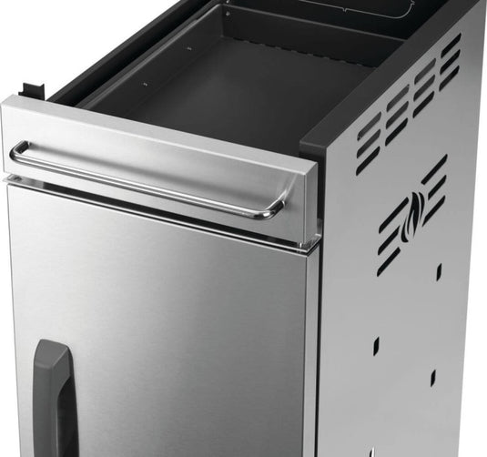 Close-up of Napoleon 68008 Rogue PRO storage cart showing open upper drawer, stainless steel handle and side ventilation