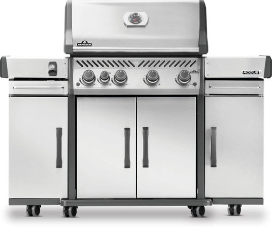 Two Napoleon 68008 stainless steel storage cabinets installed on both sides of a Rogue PRO gas grill