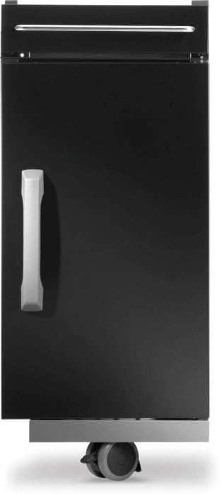 Front view of Napoleon 68009 Rogue PRO black under grill storage cabinet with upper drawer, silver handles and caster wheels