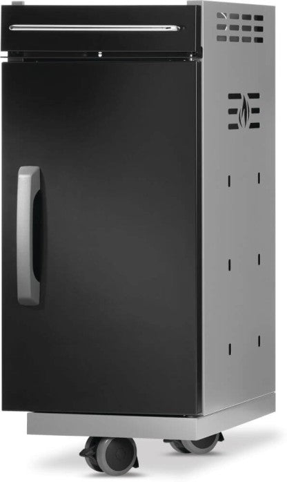 Napoleon 68009 Rogue PRO black storage cart shown at an angle with side ventilation, black cabinet door and silver handles
