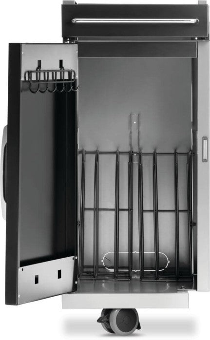 Napoleon 68009 black storage cabinet with open door showing interior dividers and door-mounted tool hooks