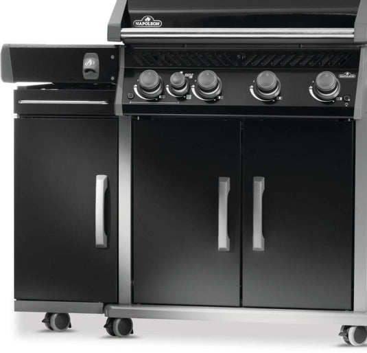 Close-up of Napoleon 68009 black storage cabinet integrated with a Rogue PRO grill, showing the upper drawer and cabinet door