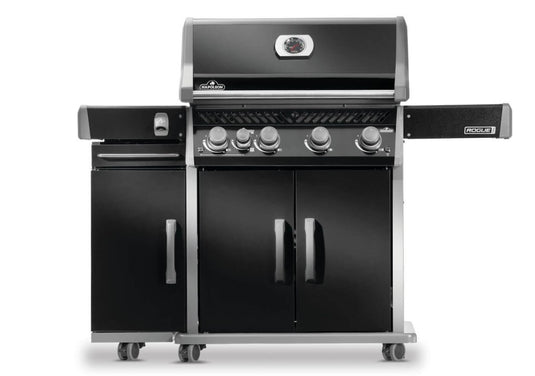 Napoleon 68009 black under grill storage cabinet installed beside a Rogue PRO gas grill