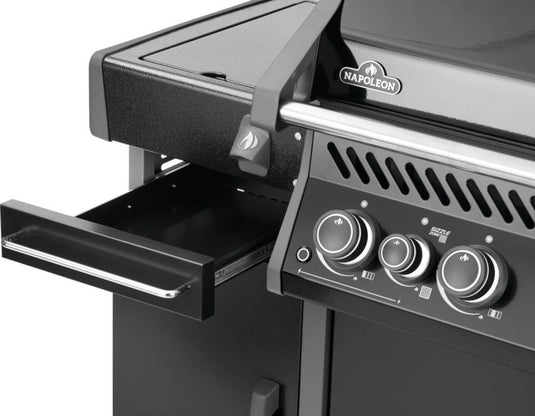 Napoleon 68009 Rogue PRO black storage cabinet installed beside a grill with the upper storage drawer open