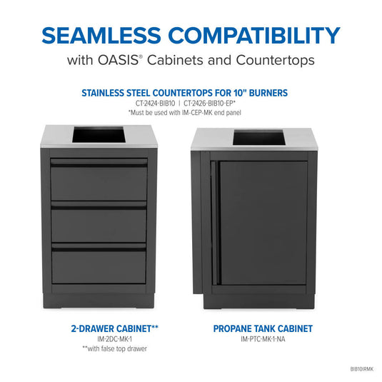 Napoleon OASIS compatibility infographic showing countertop and cabinet options for the Built-In 700 Series 10-inch infrared burner