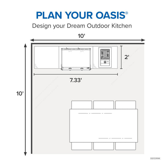 Napoleon outdoor kitchen planning diagram showing a Built-In 700 Series 10-inch infrared burner beside a built-in grill in a 10-foot kitchen layout