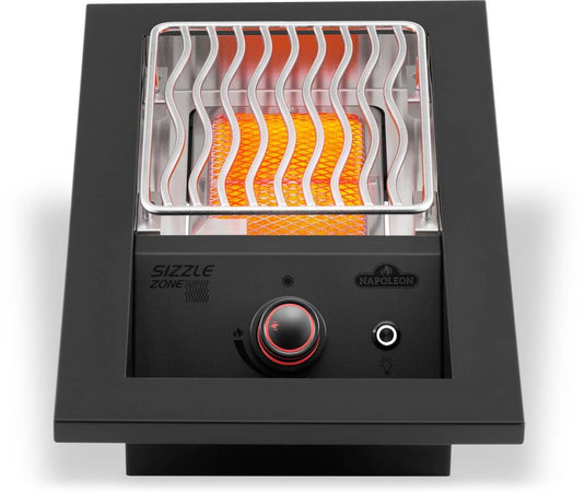 Napoleon 700 Series SIZZLE ZONE infrared burner operating with glowing infrared element, stainless steel WAVE grid and red SafetyGlow control knob