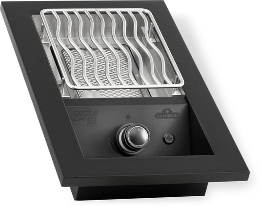 Angled view of Napoleon Built-In 700 Series infrared side burner showing stainless steel WAVE cooking grid, infrared element and matte black trim