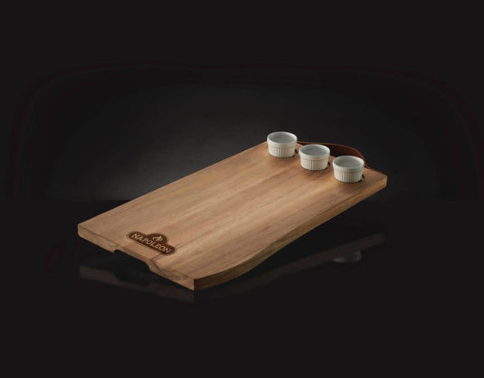 Napoleon Acacia Wood Charcuterie Board with Leather Handle and 3 Ceramic Ramekins for Serving Appetizers and Snacks
