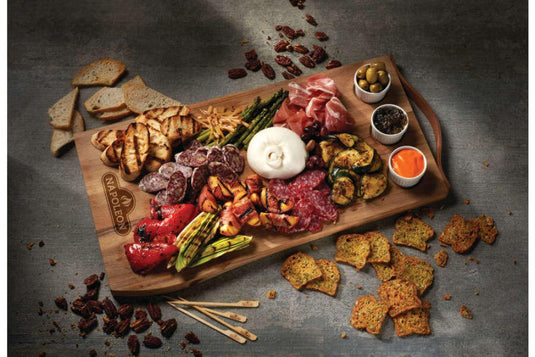 Napoleon Acacia Wood Charcuterie Board with Leather Handle and 3 Ceramic Ramekins for Serving Appetizers and Snacks